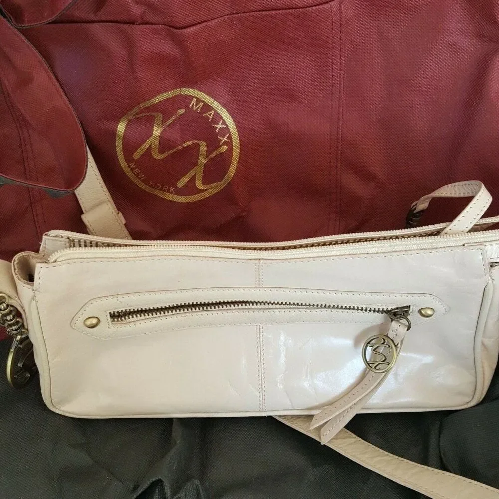 Maxx New York Womens Pocketbook Beige Small Shoulder Bag Leather Zipper